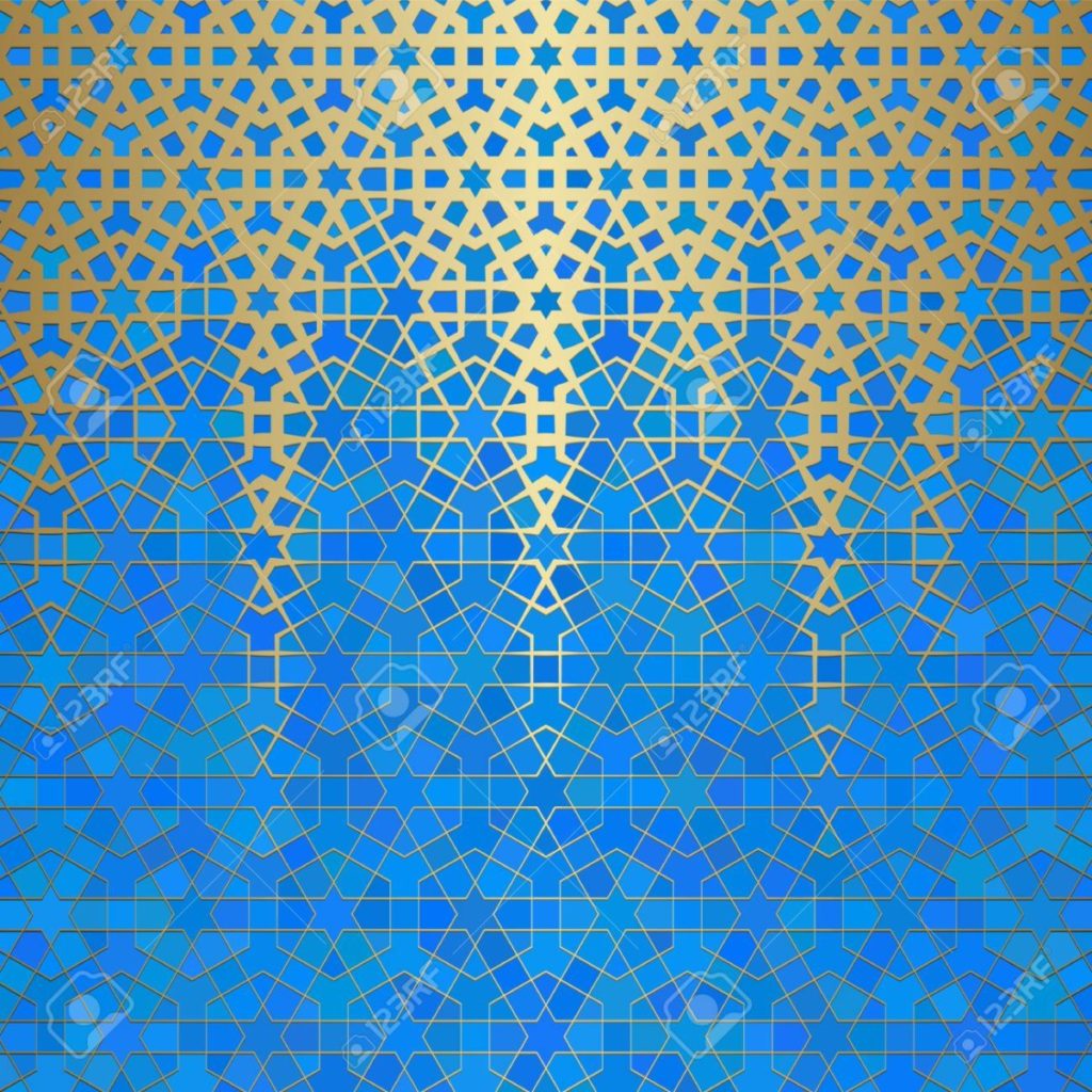 Abstract background with islamic ornament, arabic geometric texture. Golden lined tiled motif.
